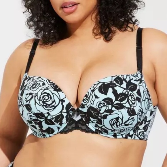 Torrid Perfect Tshirt Push Up Bra Curve Black Blue Floral Plus Size 40DDD - Picture 1 of 8
